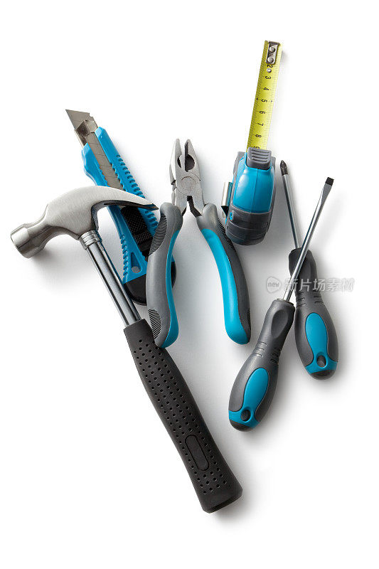 工作工具:锤子，螺丝刀，钳子，卷尺和美工刀