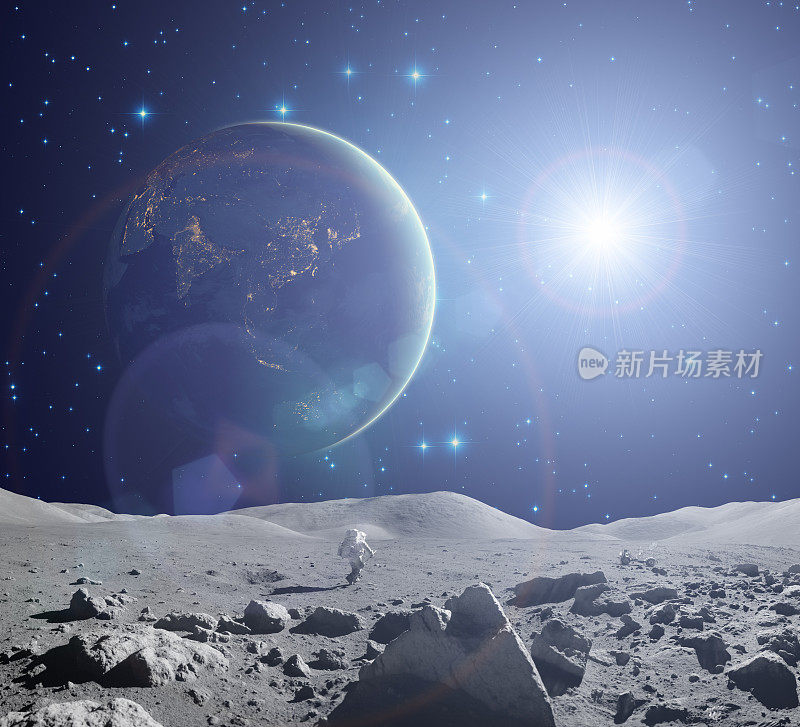 宇航员与地球、星星和太阳一起在月球表面行走。