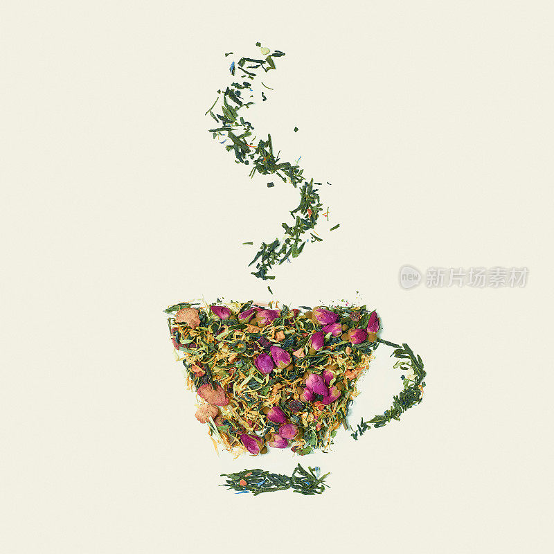 茶叶与花和果字茶白底，俯视图