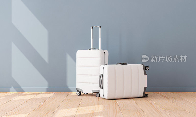 两个白色行李模型在空房间，手提箱，行李