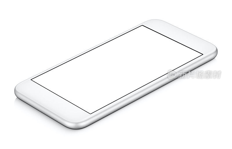 白色智能手机模型CW旋转躺在表面与空白屏幕隔离在白色