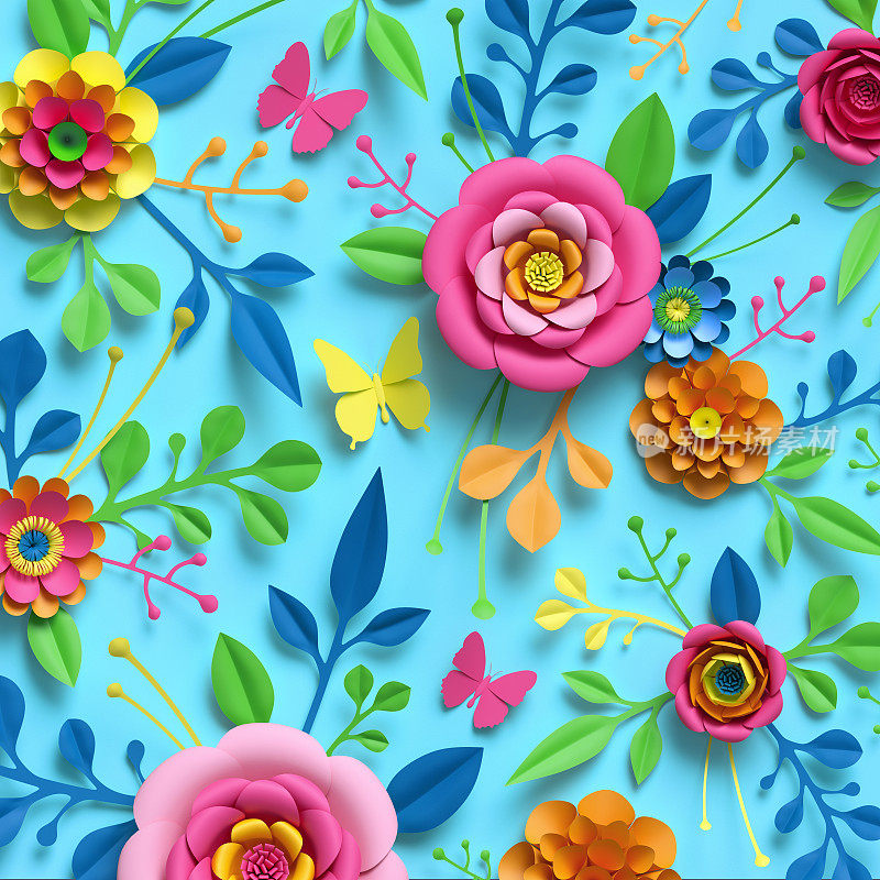 3d渲染，工艺纸花，花卉图案，植物装饰，明亮的糖果颜色，自然剪辑艺术孤立在天蓝色的背景，装饰点缀