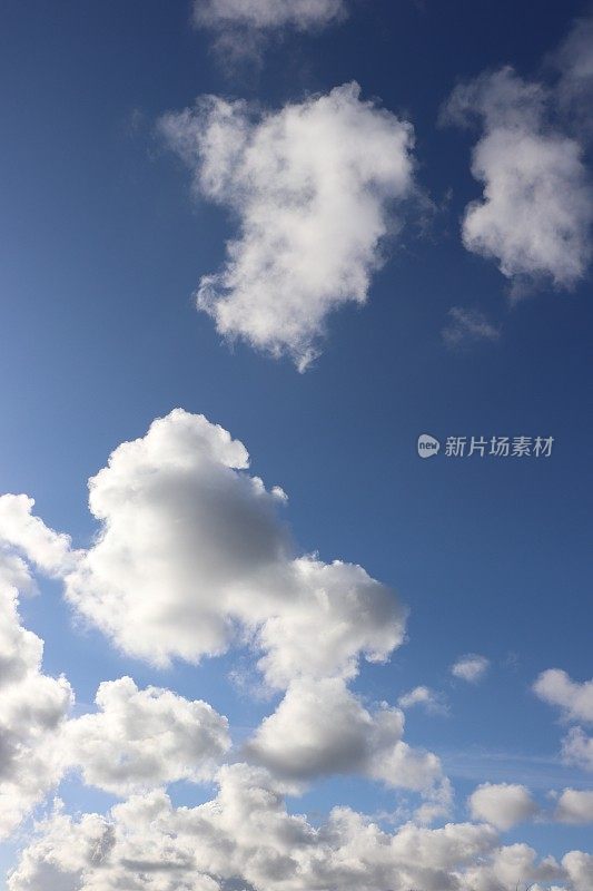 近距离观看，蓝色天空中蓬松的白云的完整画面