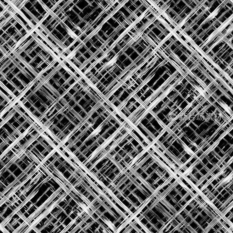 无缝技术图案背景，具有3D效果，景深由不均匀、不规则、凌乱的白线对角排列成一行