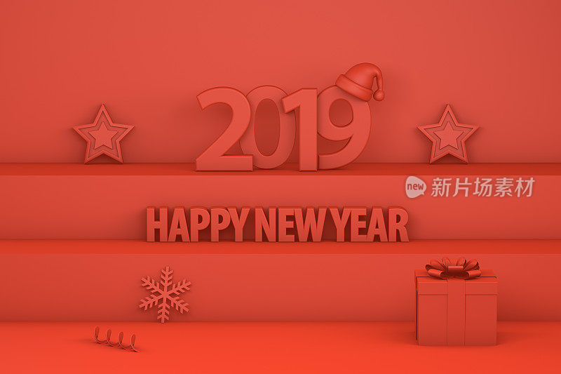 2019年新年，楼梯上有圣诞帽，红色背景上有简约圣诞概念