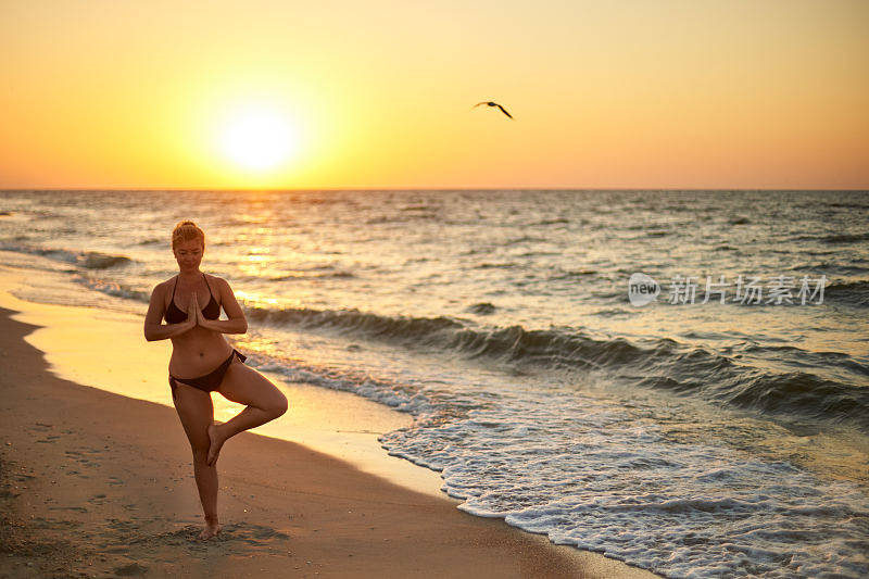 真实的女人在做瑜伽的泳衣在早上的海滩上。真实的未经修饰的女孩剪影在树的姿势在日出海边体式。身体积极的女性在日落训练