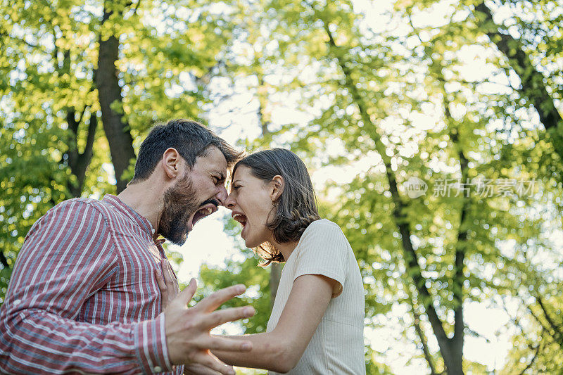 一对年轻夫妇在公园里吵架