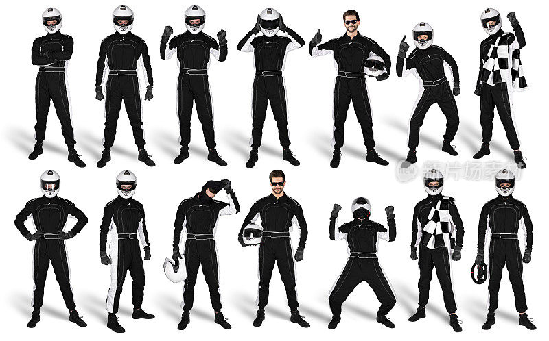 设置收集的赛车手与黑色整体安全头盔和格子格子旗孤立的白色背景。赛车赛车运动概念