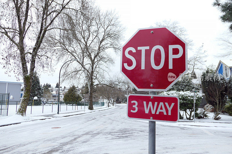 3路停止标志在一个下雪天在温哥华，BC，加拿大