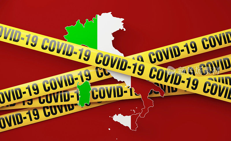 意大利地图，红色背景上印有COVID-19的胶带屏障