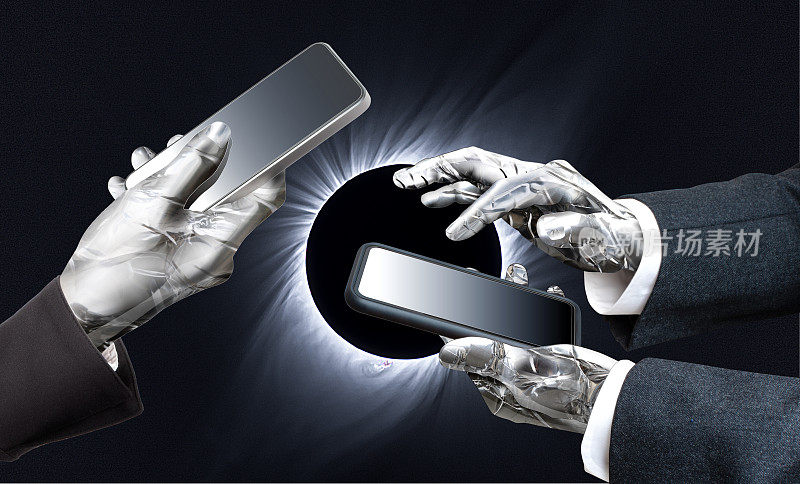 穿着商务套装的电子人正在用智能手机交流。背景是象征未来的日食和日冕。