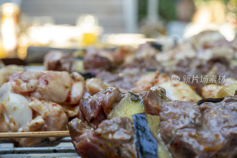 在花园烧烤烹饪猪肉，鸡肉，小牛肉和羊肉串在火盆上