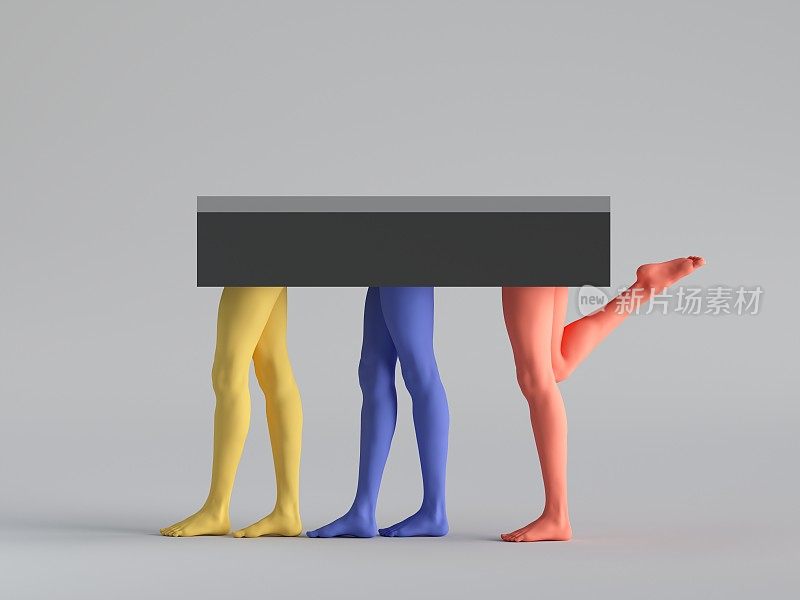 3d渲染，抽象简约超现实的时尚概念，有趣的当代艺术雕塑。彩色的人体模型腿。空讲台，基座，桌子，产品展示，平台