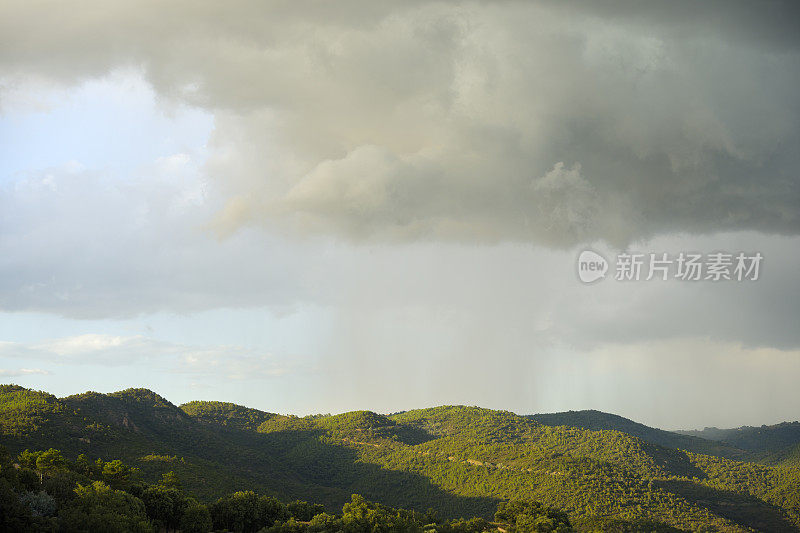 雨云在阳光灿烂的树木山丘景观