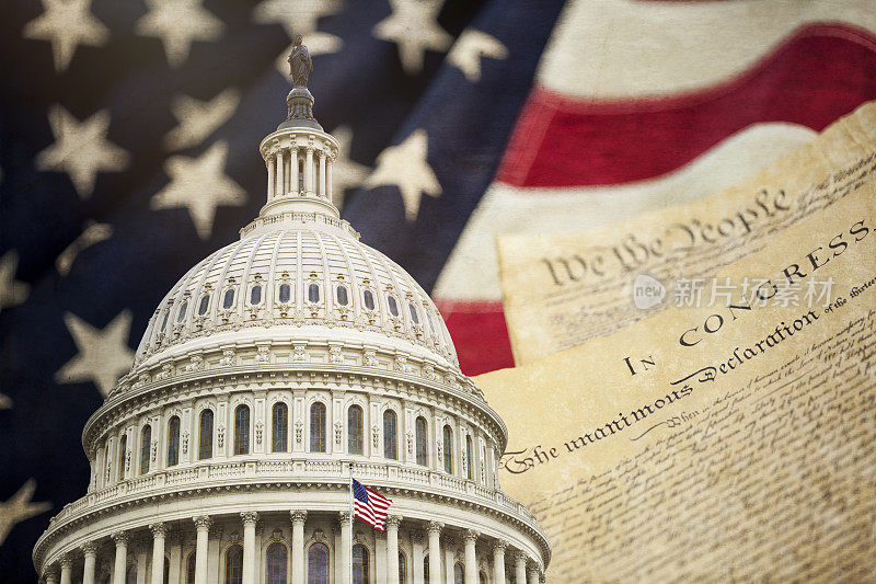 美国国旗，国会大厦和美国宪法
