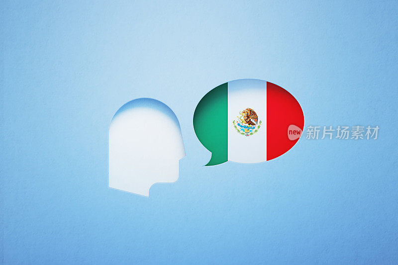 西班牙语学习和说概念-讲话气泡形状纹理与墨西哥国旗坐在旁边的一个切割出的人的头在蓝色的背景