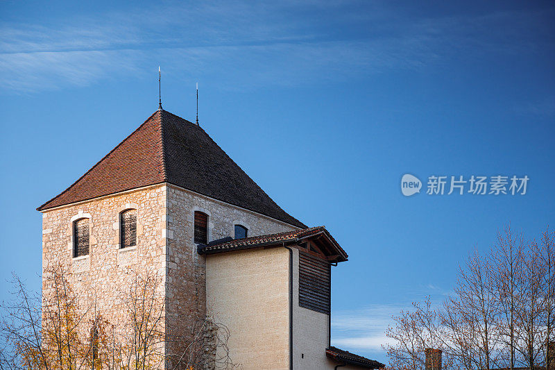 档案塔从Ambronay修道院在法国艾因省