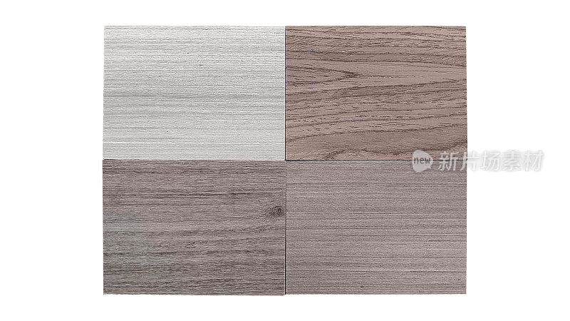 俯视图的贴面木系列样品包括橡木，花旗松，梣木，胡桃纹理孤立在白色背景与修剪路径。木层压样品调色板可供选择。