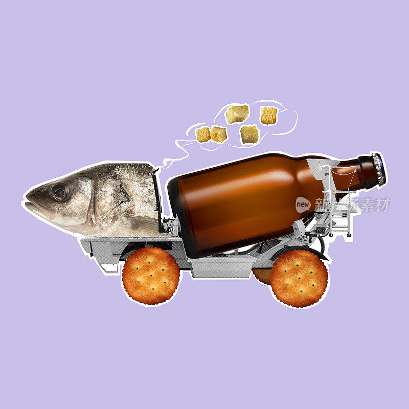 啤酒瓶、鱼头、饼干等构成汽车的当代艺术拼贴。完美的派对成分