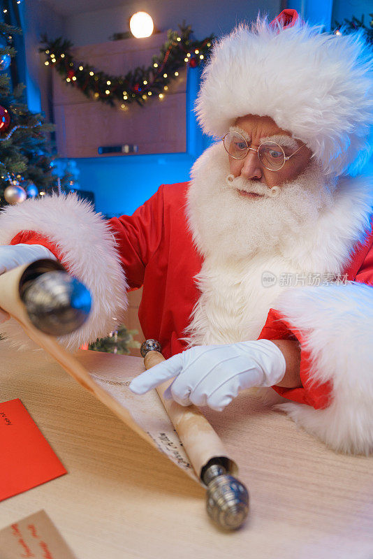惊讶的圣诞老人坐在厨房的桌子旁，展开纸卷