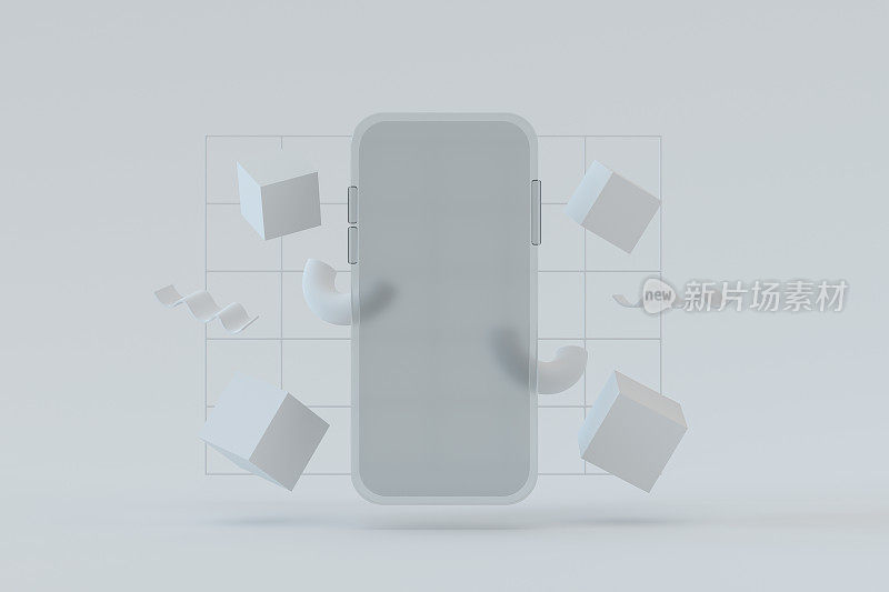 透明玻璃智能手机与空白屏幕和飞行几何形状