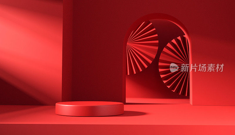 中国新年，红色的讲台展示粉红色抽象背景上的模型，红色的手纸扇子，产品最小的展示舞台。