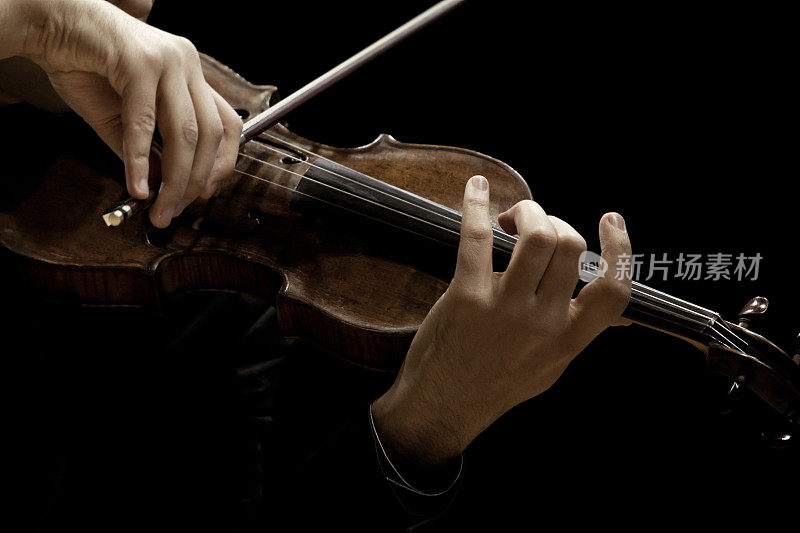 一个音乐家手中的小提琴特写