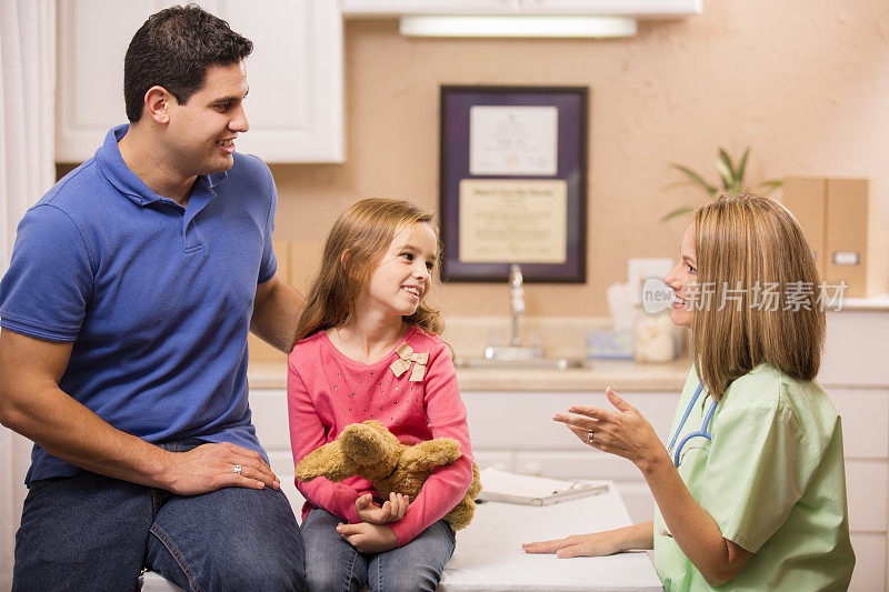 儿科医生与儿童病人和父亲谈话。办公室。