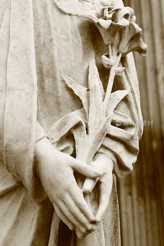可爱的圣母天使双手合十祈祷，玫瑰花，雷科莱塔墓地