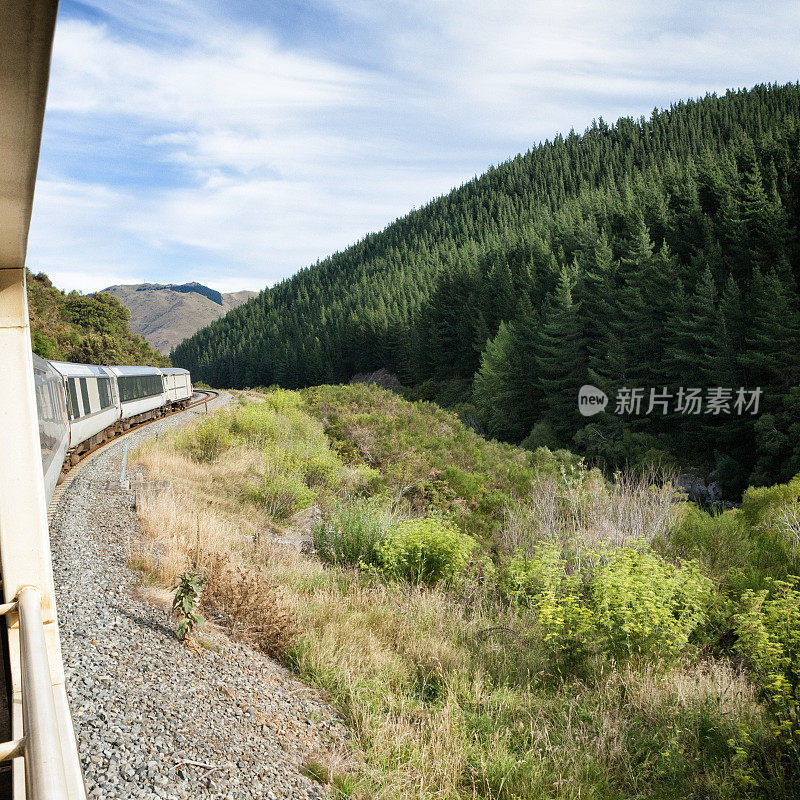 旅客列车穿越新西兰的乡村风景