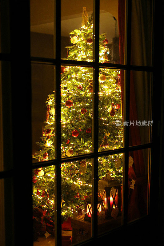 透过窗户看到的点燃的圣诞树