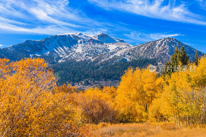 秋天的颜色在加利福尼亚内华达山脉猛犸湖，加州