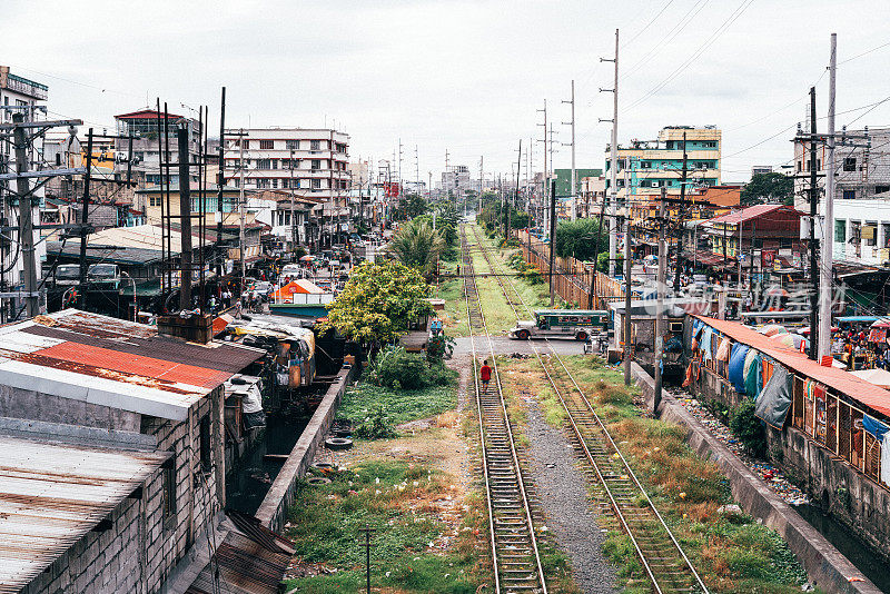 马尼拉-菲律宾，铁路附近的贫民窟