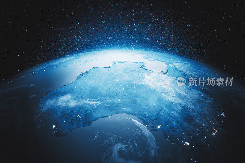 电影蓝色地球从太空晚上到大洋洲(纹理归功于美国宇航局)