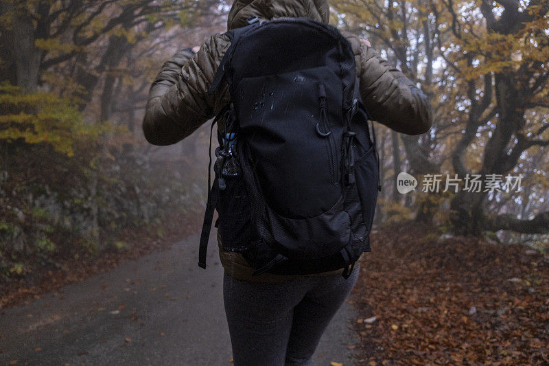 女人走过美丽的秋天彩色森林背包风景