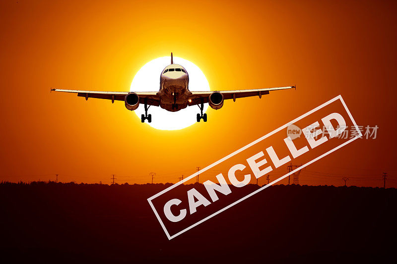 飞机和航班取消。欧洲、亚洲和美国机场的航班被取消。因冠状病毒大流行取消旅行