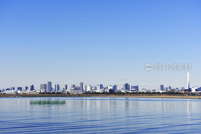 从东京湾地区在东京城市天际线对晴朗的天空