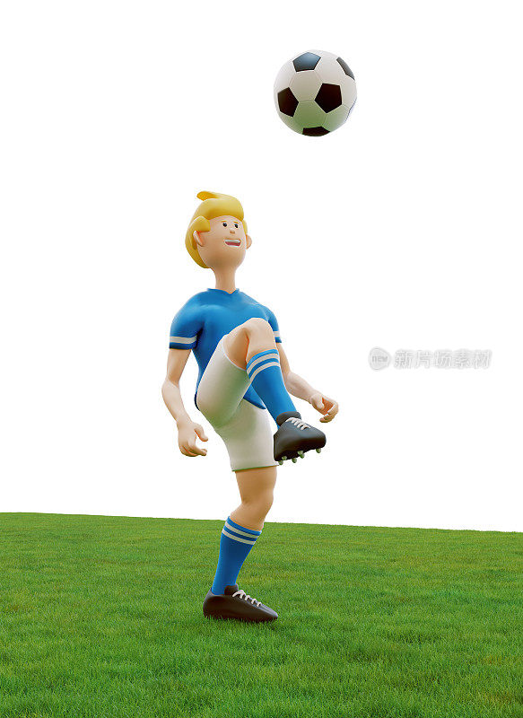 卡通的足球运动员正在草地上颠球