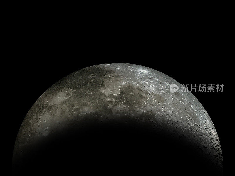 巨大的浮雕月亮与黑色的外太空背景蜡新月与夜空的星星背景。令人惊叹的小月球表面被太阳和月球黑暗的一面照亮。在繁星点点的夜空中划出戏剧性的线条