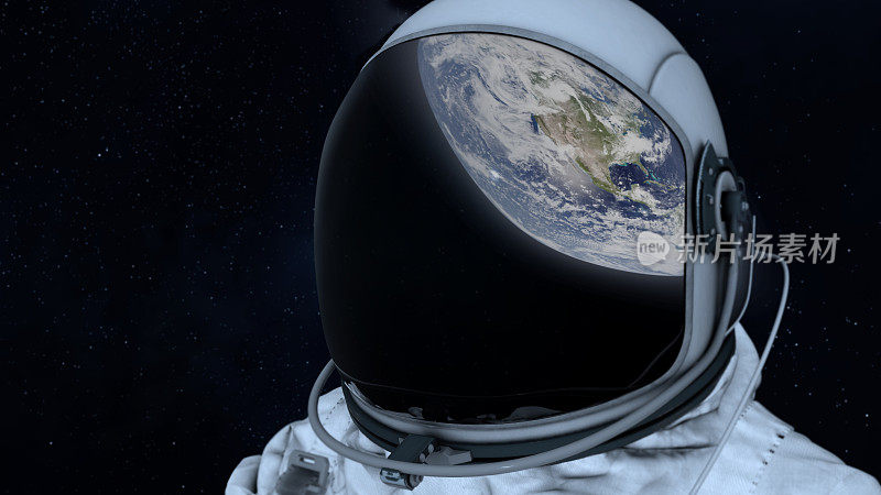 宇航员在太空中，他的头盔玻璃上反射着地球
