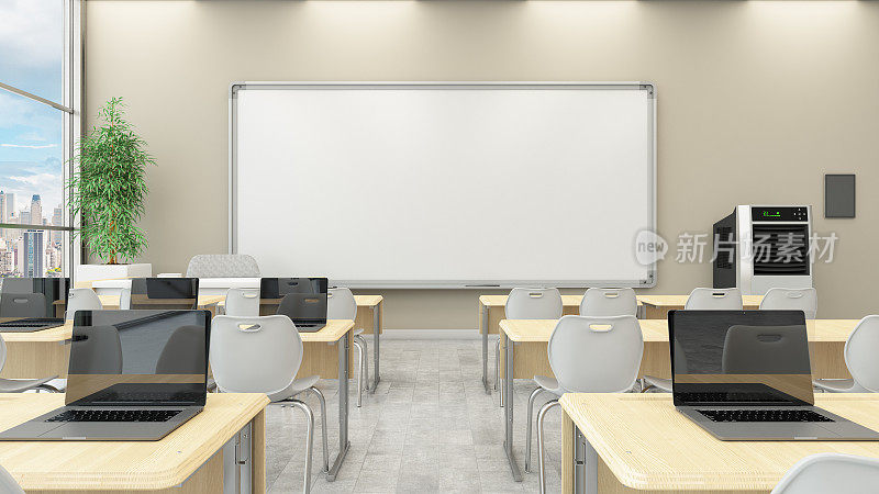 有白板和笔记本电脑的现代教室