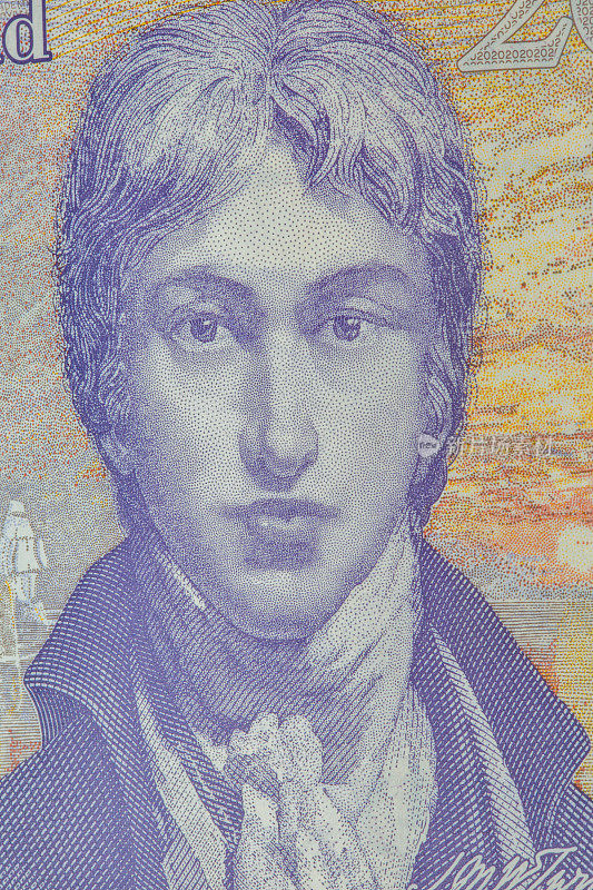 画家威廉·特纳的肖像。英国20英镑钞票的特写。