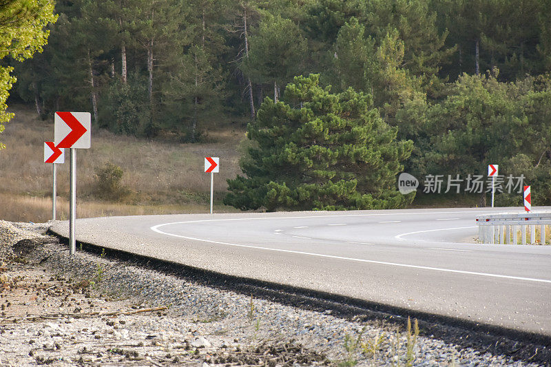 蜿蜒的道路。空的蜿蜒的柏油路，有路标