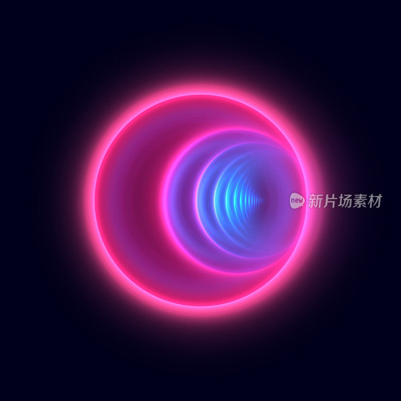 霓虹灯隧道，电磁波。抽象的分形艺术背景。发光的圆圈，无限重复的图案。