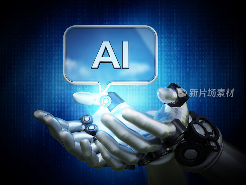 机器人的手握着一个带有AI单词的语音气球图标。AI聊天机器人概念