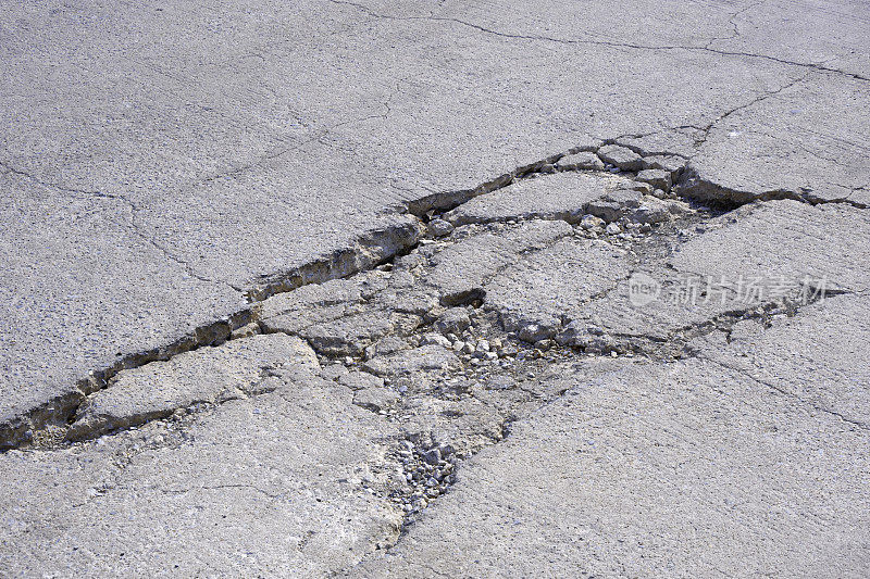 旧混凝土街道背景严重受损，表面有塌陷破碎的裂缝纹理