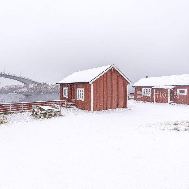 大雪覆盖了小屋和地面。