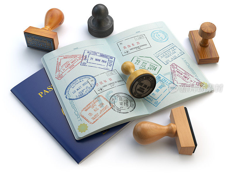 旅行或旅游概念。护照上盖了签证章
