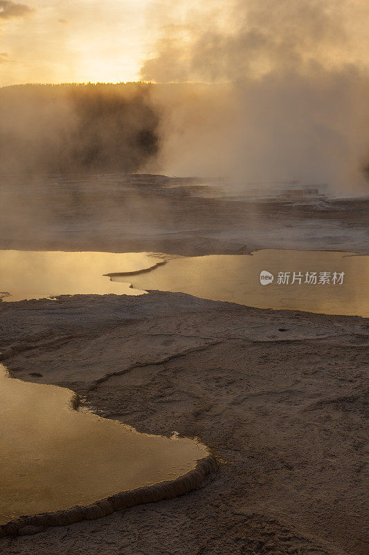 黄石国家公园的猛犸温泉冒出蒸汽