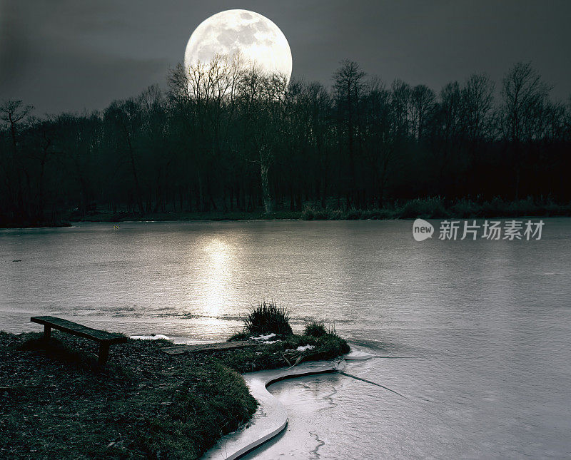 湖面上阴森森的月亮升起